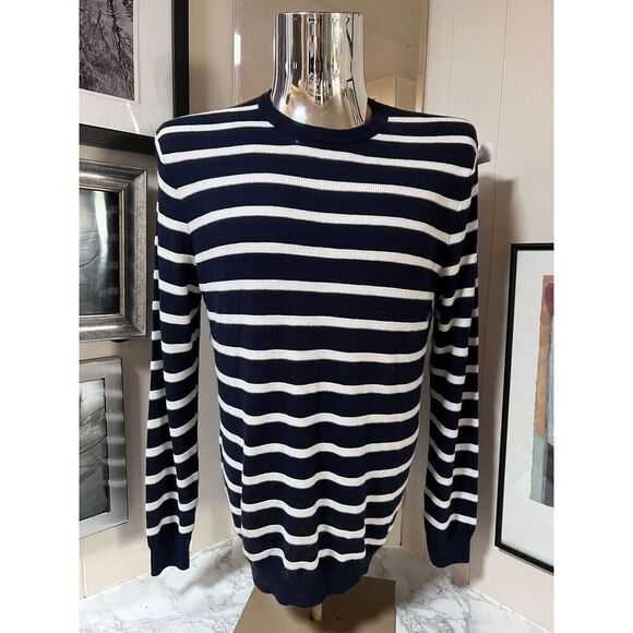 NWT $99 Men's Cashmere Blend Club Room Navy Blue Striped Pull Over Crew Neck M - Picture 1 of 8